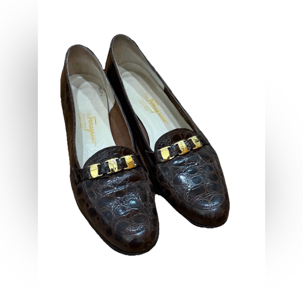 Salvatore Ferragamo Vintage Gancini Brown Embossed Leather Loafers Size 11 3a